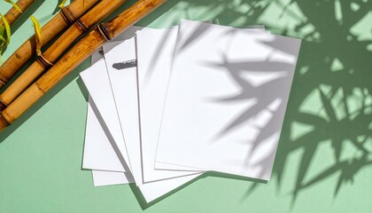 Minimalist stationery mockup with blank paper and bamboo leaf shadows