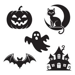 Halloween symbols including pumpkin cat ghost bat haunted house vector