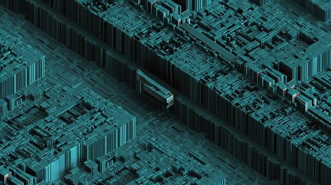 Slow, cinematic pan across a computer microchip seen through a scanning electron microscope, where intricate circuits and transistors resemble a vast, futuristic alien city of geometric structures.
