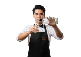 Professional Bartender Pouring Vodka into Shot Glass on White
