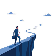 Obraz premium Businessperson navigates a challenging path towards a distant goal on a cliff edge