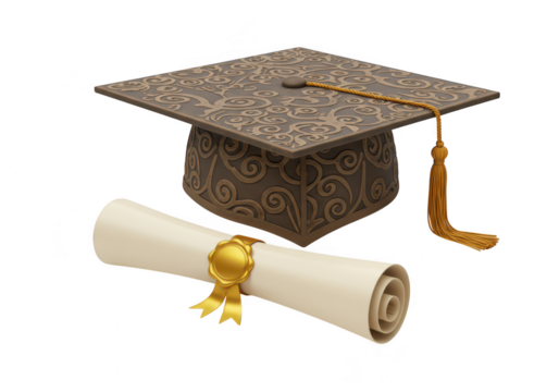 Photo of an intricately patterned graduation cap and diploma isolated on transparent background, symbolizing the successful completion of academic pursuits
