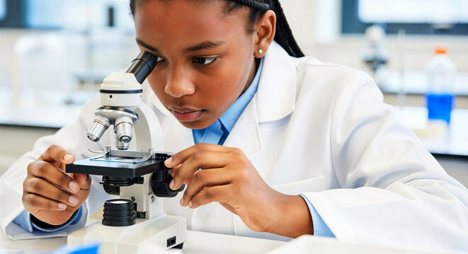 Young black girl studying microbiology using a microscope in laboratory   - Powered by Adobe