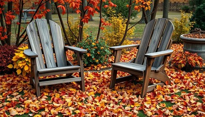 Rustic wooden chairs sit amongst fallen autumn leaves in a garden,  fall,  garden