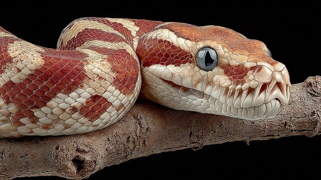 A striking red-tailed boa constrictor coiling elegantly around branches patterns vividly contrasting exotic pet