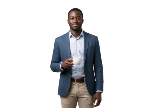 Stylish Black Man Holding Coffee Cup on White