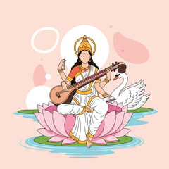 Goddess saraswati playing veena on a lotus with a swan companion