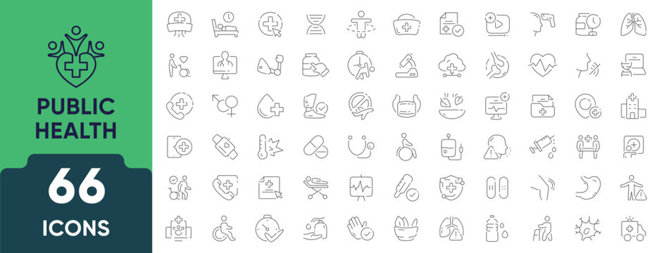 Public Health line icon set. Includes 66 outline icons related to healthcare, hygiene, medical services, disease prevention, and wellness. Linear icon collection. Editable stroke.