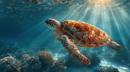 Fototapeta premium A sea turtle gliding through crystal-clear ocean waters reptiles in their serene underwater world sun rays piercing through