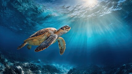 Obraz premium A sea turtle gliding through crystal-clear ocean waters reptiles in their serene underwater world sun rays piercing through