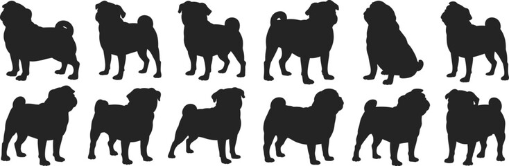 Pug Dog Silhouettes, Black Vector Icons, Cute Pet Graphics, Dog Breed Illustration, Animal Pose Collection, Adobe Stock Design, Puppy Art