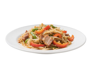 Stir-Fried Pork with Bean Sprouts and Bell Peppers on White Background