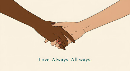 Diverse hands clasped together, symbolizing unity and love across cultures,Interracial couple holding hands, representing equality and relationship between different ethnicities