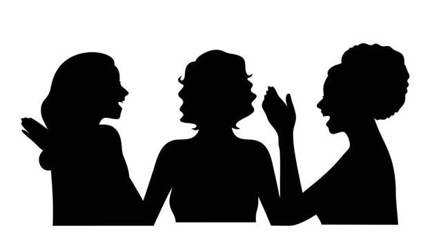 Three women silhouettes in conversation with expressive gestures and varied hairstyles in black and white