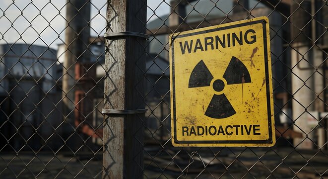 Warning sign on a chain link fence indicating a radioactive area