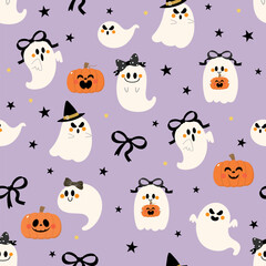 Happy halloween seamless pattern and background  with spooky pumpkin, ghost, cute bow and ribbon. Holidays cartoon character. -Vector