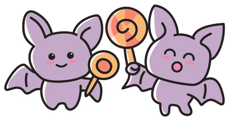 Cute mini bats holding lollipops bring halloween joy with their adorable smiles and playful expressions in this charming illustration