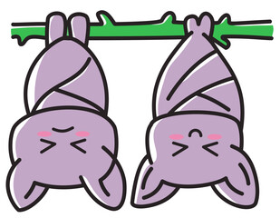 Cute mini bats hang upside down on green branch showing playful halloween spirit with their adorable expressions and purple color