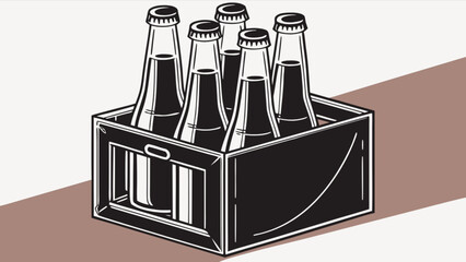 Illustration of six bottles in a crate with metal caps ready for a refreshing and enjoyable beverage