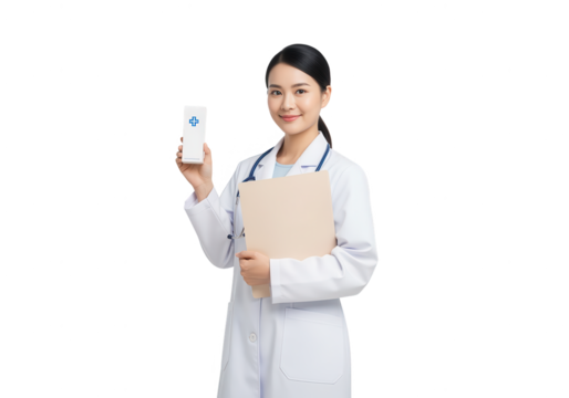 Smiling Asian Doctor Holding Medicine Box and File on White