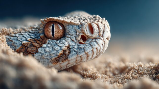 A desert horned viper half-buried in sand reptiles adapted to harsh arid environments with intricate scale patterns