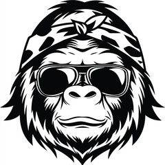 Gorilla wearing sunglasses and bandana displays cool attitude within the black and white vector