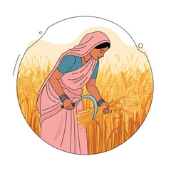Rural indian woman farmer harvesting wheat crop with a sickle in a golden field