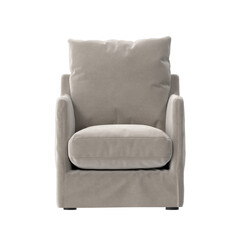 Modern Upholstered Armchair, Light Beige Fabric, Plush Cushion, Front View 3D Render