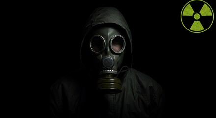 Mysterious Person Wearing Gas Mask in Dark Environment with Radiation Symbol