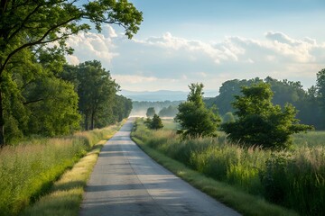 Fototapeta premium Long gravel road winding through a lush green forest with sunlight filtering through the trees