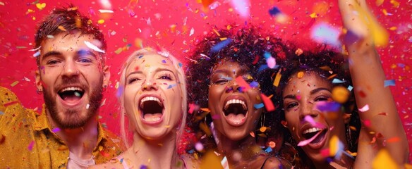 Obraz premium The joyful celebration of friends enjoying a festive moment with confetti.