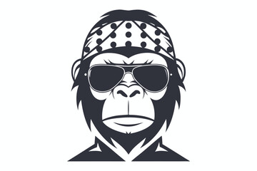 Cartoon gorilla with cool sunglasses and a bandana presents a stylish, monochromatic design