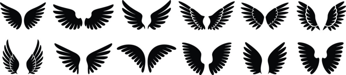 Wing Silhouettes, Black Vector Designs, Feather Icons, Angel and Bird Wings, Tattoo Elements, Graphic Art, Adobe Stock Illustration