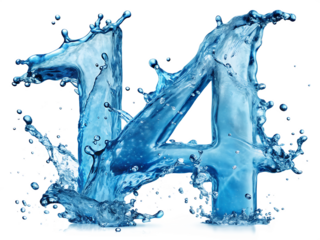 Number 14 formed from dynamic blue water splashes and droplets isolated on a transparent background liquid