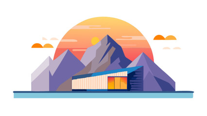 Illustration of a modern house near mountains with a sunset background in a flat style