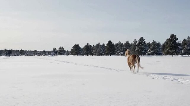 A tan horse galloping in a snowy field with trees in the background