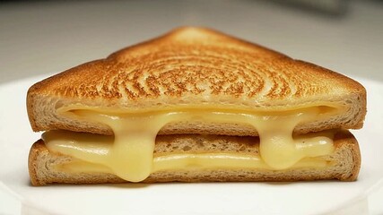 A toasted melted cheese sandwich on a white plate Cheese drips between the slices - Powered by Adobe