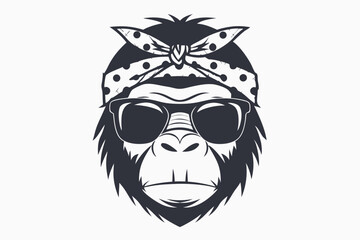 Gorilla head wears sunglasses and a polka dot bandana on a solid background