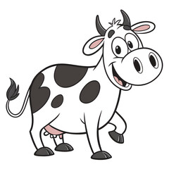 A cartoon cow with black spots and a happy expression standing on a black background in a vector image