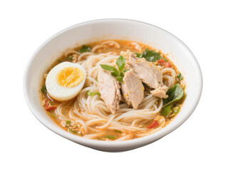 Chicken Noodle Soup Bowl with Egg and Herbs