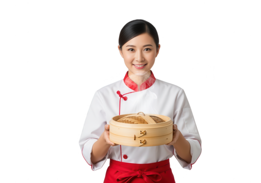 Asian Chef Holding Steaming Bamboo Dim Sum Basket