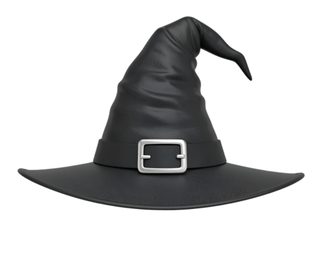 Black Witch Hat with Silver Buckle, clean shadow, isolated PNG