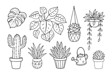 Botanical Sketch: A collection of meticulously sketched potted plants, including cacti, succulents, and leafy varieties, showcasing botanical beauty, ready for coloring or creative designs.
