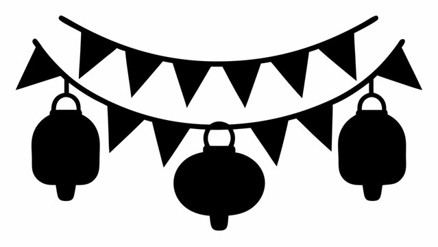 Illustration of a festive banner with triangular flags and hanging lanterns in a simple black silhouette
