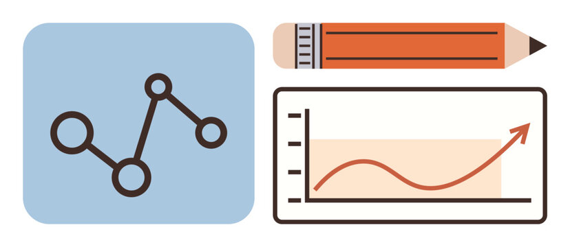 Line chart with arrow representing growth, scatter plot on blue square, and orange pencil. Ideal for business strategy, education, analytics, progress tracking, research planning vision. Simple