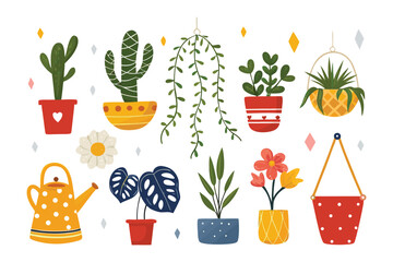 Home Garden Decor: A vibrant illustration showcases a collection of potted plants and gardening tools, perfect for decorating home