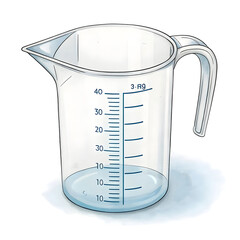 A transparent plastic measuring cup with handle, used for accurately measuring liquids