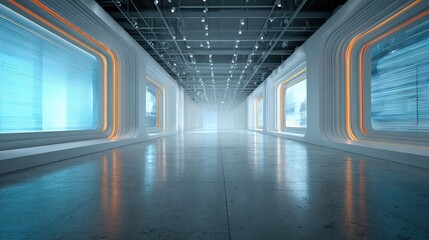 A futuristic empty modern showroom with interactive digital walls glowing lines and a sense of high-tech minimalism