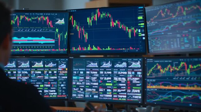 Stock trader working in a multi-monitor setup, focused on a holographic display with a real-time candlestick chart. Company logos and percentage changes update dynamically, capturing the speed and com