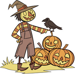 Halloween cartoon witch with broom and pumpkin illustration